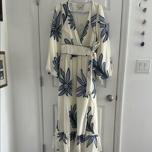 Cream and Blue V-Neck Wrap Sundress